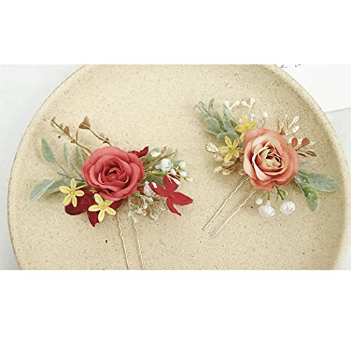 IYOU Blume Blätter Haarnadeln rot Hochzeit Kopfstück Braut Abschlussball Haarnadeln Haar Zubehör zum Frauen und Mädchen (2 Stück) von IYOU