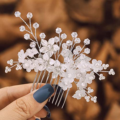 IYOU Braut Hochzeit Kristall Haar Kämme Perle Blume Kopfbedeckung Gemeinschaft Abschlussball Prinzessin Haarschmuck zum Mädchen und Frauen (Silber) von IYOU