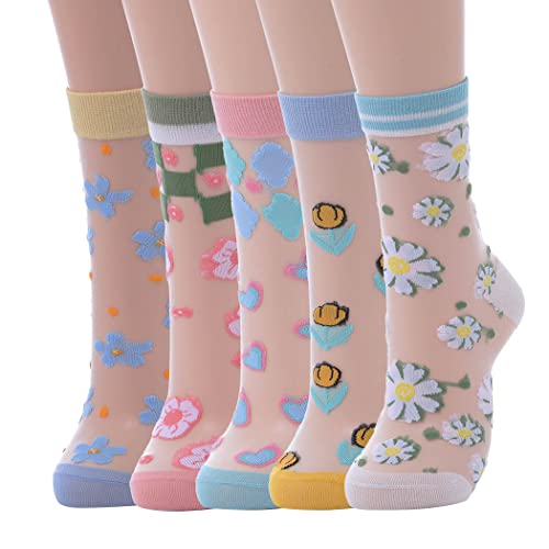 IYOU Blume Durchsichtige Socken Blau Blumenmuster Mesh Socken Elastisch Atmungsaktiv Sommer Transparente Socken aus Seide für Damen(5 Paare) von IYOU