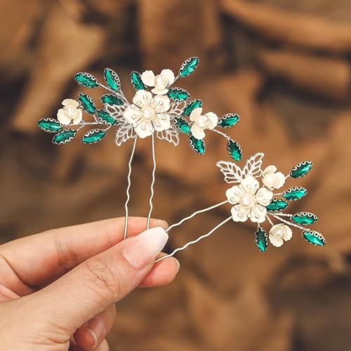 IYOU Blume Hochzeit Haarnadeln Grün Kristall Braut Haarteil Blätter Prom Brautjungfer Haarschmuck für Frauen und Mädchen(2 Stück) von IYOU