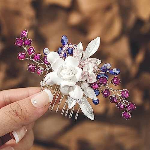 IYOU Blumen Haarkamm für Hochzeiten Rosa Kristall Haarschmuck Blatt Perlen Abschlussball Braut Kopfschmuck für Frauen von IYOU