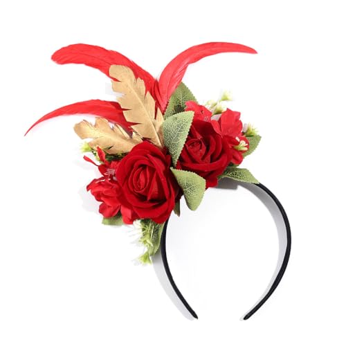 IYOU Blumen Krone Stirnband Rote Rose Haarbänder Feder Blumen Kopfbedeckung Rave Halloween Karneval Haarschmuck für Frauen und Mädchen von IYOU