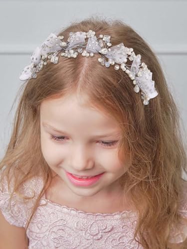 IYOU Blumenmädchen Haarschmuck Silber Perle Kommunion Stirnband Bowknot Prinzessin Hochzeit Kopfstück für Mädchen von IYOU