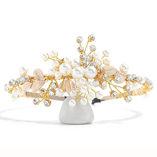 IYOU Blumenmädchen Stirnband Perle Gold Kopfschmuck Kristall Blatt Braut Hochzeit Haarteile Zubehör für Braut und Brautjungfern von IYOU