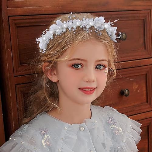 IYOU Blumenmädchen Stirnband Silber Perle Hochzeit Kopfschmuck Blumen Braut Brautjungfer Haarschmuck für Mädchen von IYOU