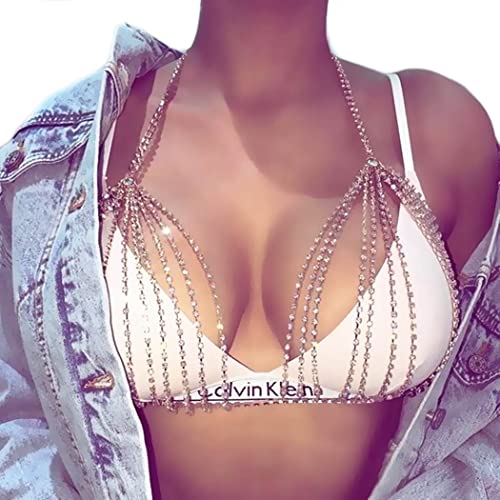 IYOU Boho Kristall Körperkette Silber Funkelnd Strass Brustketten Nachtclub Bikini BH Kette Sommer Strand Körperzubehör Schmuck zum Frauen und Mädchen von IYOU