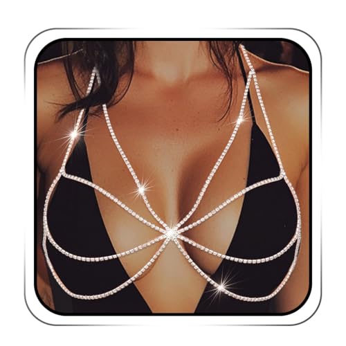 IYOU Boho Kristall Körperkette Silber Glitzernde Strass Brustketten BH Ketten Bikini Strand Körperschmuck für Damen von IYOU