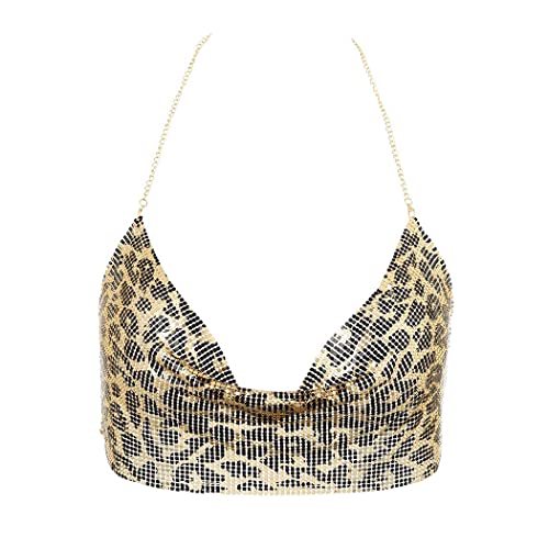 IYOU Boho Metall Crop Top Pailletten Silber Körper Kette Leopard Druck Tiefes V Kette Halter Rückenfrei Tank Tops BH-Ketten für Frauen von IYOU
