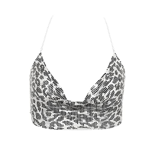 IYOU Boho Metall Crop Top Pailletten Silber Körper Kette Leopard Druck Tiefes V Kette Halter Rückenfrei Tank Tops BH-Ketten für Frauen von IYOU