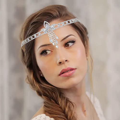 IYOU Boho Strass Stirnband Silber Kristall Kopfkette Vintage Braut Kopfbedeckung Haarschmuck für Frauen Gatsby Party von IYOU