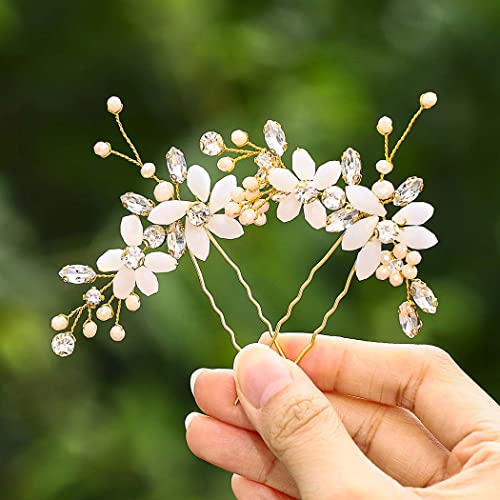 IYOU Braut Blume Haarnadeln Silber Strass Braut Haarspangen Perle Hochzeit Haarschmuck für Frauen und Mädchen (2 Stück) (Gold) von IYOU