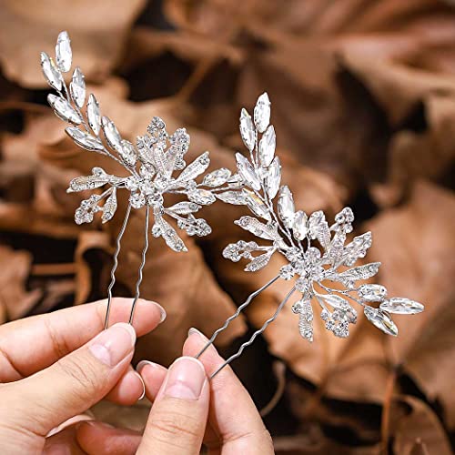 IYOU Braut Haarnadeln für Hochzeiten Silber Glitzernde Strass Haarschmuck Brautschmuck Blatt Haarspange für Frauen und Mädchen(2 Stück) von IYOU