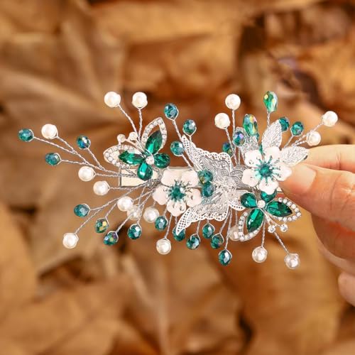 IYOU Braut Hochzeit Haarspangen Grün Funkelnd Kristall Kopfschmuck Schmetterling Blume Barrette Brautjungfer Gast Haarschmuck für Damen von IYOU