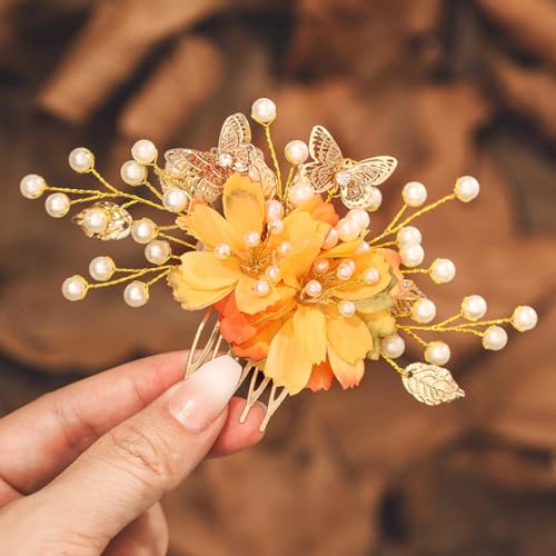 IYOU Braut Hochzeit Haar Kamm Gold Gänseblümchen Blume Kopfstück Blatt Brautjungfer Braut Haarschmuck für Frauen und Mädchen von IYOU