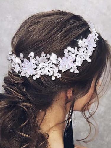 IYOU Braut Hochzeit Haar Reben Silber Blume Stirnbänder Perlen Kommunion Braut Brautjungfer Haarschmuck für Frauen und Mädchen von IYOU