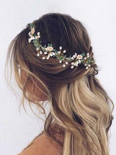 IYOU Braut Hochzeit Haar Rebe Grün Blume Haarteil Gänseblümchen Perlen Stirnband Prom Party Haarschmuck für Bräute und Brautjungfern von IYOU