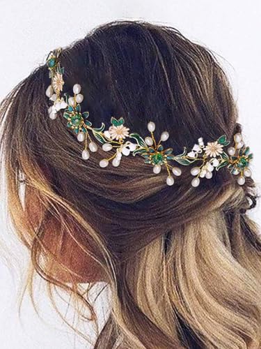 IYOU Braut Hochzeit Haar Rebe Grün Blume Haarteil Gänseblümchen Perlen Stirnband Prom Party Haarschmuck für Bräute und Brautjungfern von IYOU
