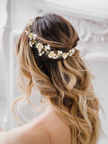 IYOU Braut Hochzeit Haar Reben Gold Blume Stirnband Blatt Perle Kopfstück Brautjungfer Braut Haarschmuck für Frauen von IYOU
