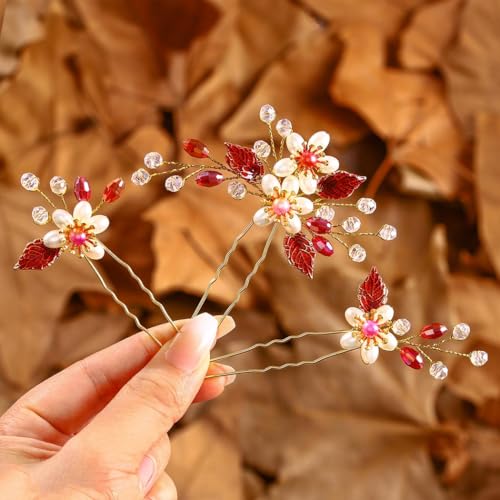 IYOU Braut Hochzeit Haarnadeln Rot Blume Haarspangen Blatt Kristalle Abschlussball Brautjungfer Haarschmuck für Frauen (3 Stück) von IYOU