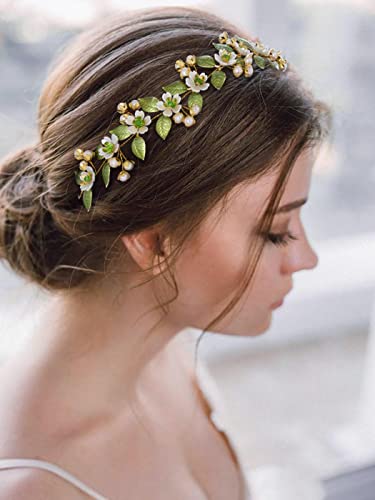 IYOU Braut Hochzeit Haarranben Grün Blume Stirnband Blatt Perlen Kopfschmuck Braut Brautjungfern Haarschmuck für Frauen und Mädchen von IYOU