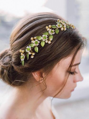 IYOU Braut Hochzeit Haarranben Grün Blume Stirnband Blatt Perlen Kopfschmuck Braut Brautjungfern Haarschmuck für Frauen und Mädchen von IYOU