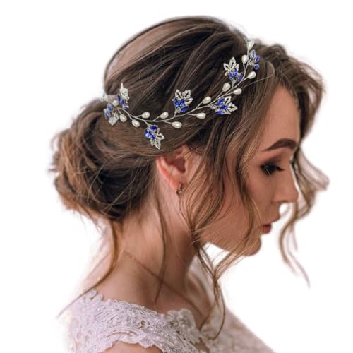 IYOU Braut Hochzeit Haarrebe Blau Strass Stirnband Blatt Perle Kopfbedeckung Abschlussball Haarschmuck für Braut und Brautjungfer von IYOU