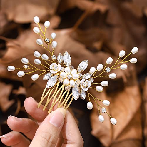 IYOU Brautschmuck Hochzeit Haarkämme Gold perlen Braut Haarteile Kristall Kopfschmuck Abschlussball Kommunion Haarschmuck für Frauen von IYOU