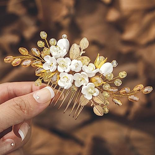 IYOU Brautschmuck Hochzeit Haarkämme Gold Blume Haarschmuck Blatt Perlen Kopfschmuck Abschlussball Braut Hochzeit Seitenkamm für Frauen von IYOU