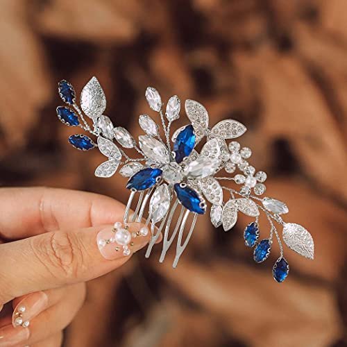 IYOU Brautschmuck Hochzeit Haarkamm Blaue Strass Braut Haarschmuck Blume Braut Braut Brautjungfern Kopfschmuck für Frauen von IYOU