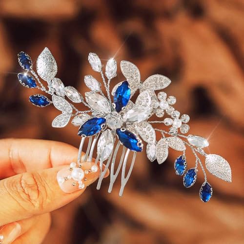 IYOU Brautschmuck Hochzeit Haarkamm Blaue Strass Braut Haarschmuck Blume Braut Braut Brautjungfern Kopfschmuck für Frauen von IYOU