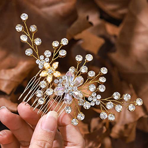 IYOU Brautschmuck Hochzeit Haarkamm Gold Glänzend Kristall Seitenkamm Blume Perle Haarteil Braut Blätter Haarschmuck für Frauen und Mädchen von IYOU
