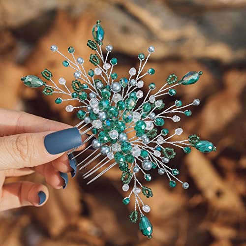IYOU Brautschmuck Hochzeit Haarkamm Grün Strass Kopfschmuck Perlen Prinzessin Brautjungfer Haarkamm Seiten Zubehör für Frauen von IYOU
