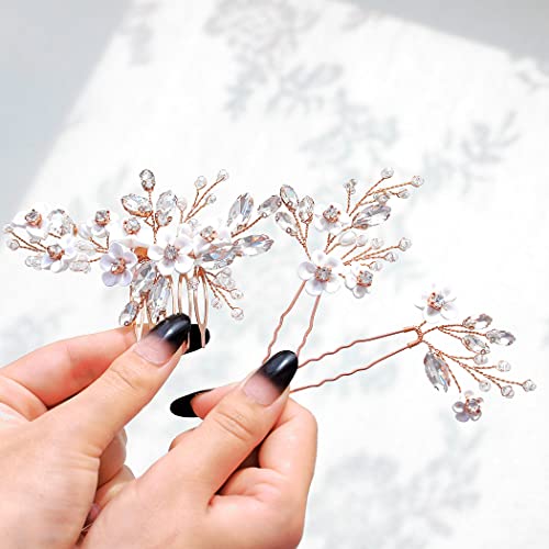 IYOU Brautschmuck Hochzeit Haarkamm Silber Blume Strass funkelnd Kristall Braut Blatt Seitenkämme Perlen Haarschmuck für Frauen und Mädchen 3 Stück von IYOU