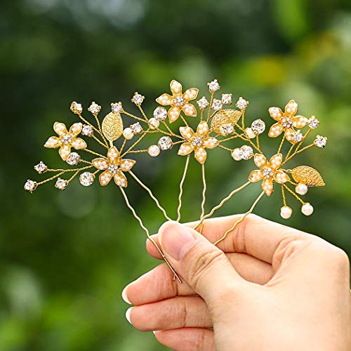 IYOU Brautschmuck Hochzeit Haarnadeln Gold Blume Perle Haarspange Kristall Kopfschmuck Braut Strass Blätter Haarschmuck für Frauen und Mädchen (3 Stück) von IYOU