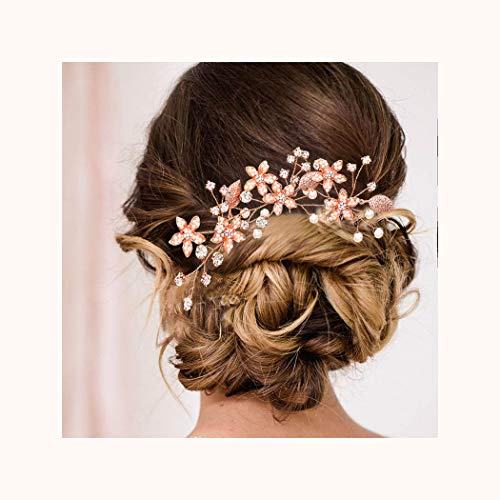 IYOU Brautschmuck Hochzeits Haarnadeln Silber Blumen Perlen Haarspange mit Strass und Blättern Bräute Haarschmuck für Damen und Mädchen(3 Stück) (Roségoldfarben) von IYOU