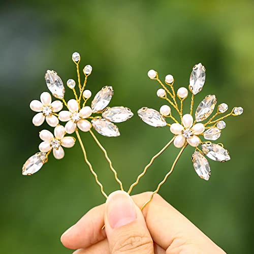 IYOU Brautschmuck Hochzeit Haarnadeln Silber Kristall Kopfschmuck Perle Haarspange funkelnde Strass Haarteile Blume Braut Haarschmuck für Frauen und Mädchen (2 Stück) (Gold) von IYOU