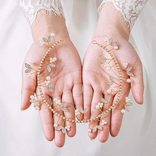 IYOU Braut Hochzeit Haar Rebe Strass Perle Gold Stirnband Kristall Haarteil Abschlussball Braut Haarschmuck für Frauen von IYOU