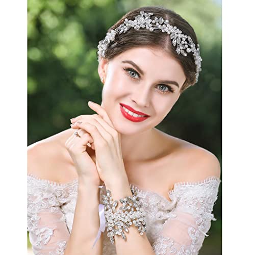 IYOU Brautschmuck Hochzeit Haarrebe Strass Silber Perle Stirnband mit passendem Kristall Armband Abschlussball Braut Haarschmuck für Frauen von IYOU