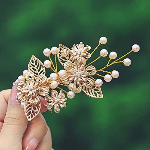 IYOU Haarspange für die Braut, Hochzeit, goldfarbene Blume, Haarspange, Haarteil, Perlen, Brautschmuck, Haarkamm, Abschlussball, Braut, Brautjungfer, Haarschmuck für Frauen von IYOU