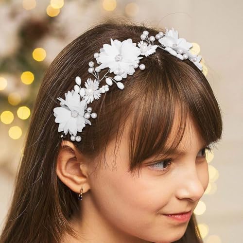 IYOU Commnunion Kopfstück für Mädchen Weiß Blume Hochzeit Stirnband Perle Prinzessin Braut Haarschmuck von IYOU