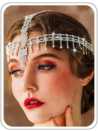 IYOU Damen 1920er Jahre Stirnband Strass Silber Kopfkette Quaste Hochzeit Kopfschmuck Gatsby Party Haarteile Schmuck für Braut und Brautjungfer von IYOU