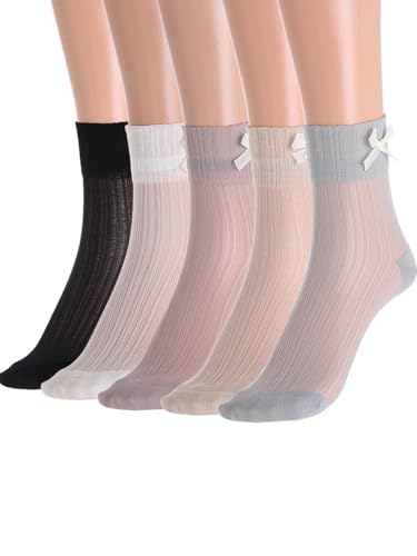 IYOU Damen Durchsichtige Knöchel Socken Elfenbein Spitze Transparente Socke Schleifenknoten Netz Socken Dünne Klassisch Sommer Socken (5 Paare) von IYOU