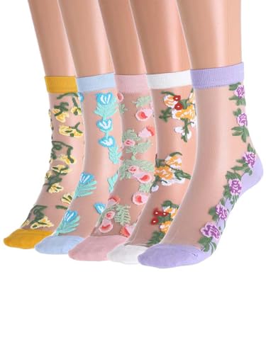 IYOU Damen Durchsichtige Socken Rosa Blume Transparent Socke Blumen Elastische Dünne Netz Spitze Sehen Durch Socken (5 Paar) von IYOU