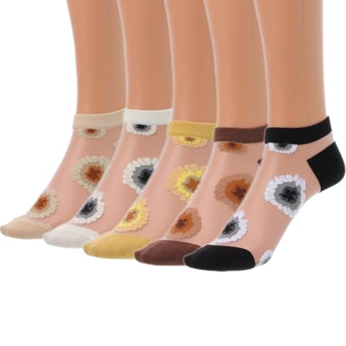 IYOU Damen Glas Mesh Socken Gelb Blume Durchsichtige Socken Ultradünne Siehe Durch Socken für Draußen Tanzen Hochzeit （5 Paare） von IYOU