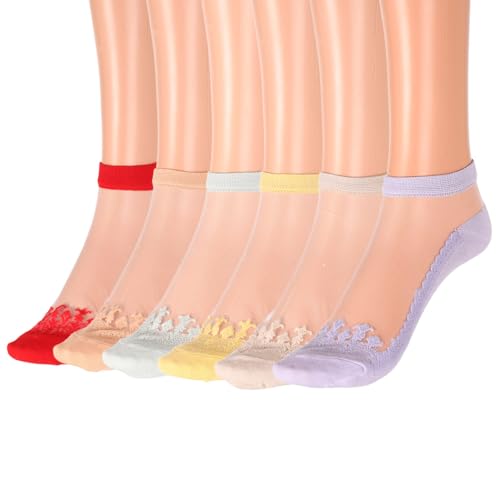IYOU Damen Tradition Transparent Socken Lila Netz Socken Atmungsaktiv Dünn Elastisch Spitze Knöchel Socken für Frauen und Mädchen(6 Paar) von IYOU