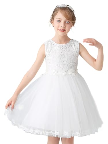 IYOU Elegante Blumenmädchen Kleid Weiß Spitze Tüll Tutu Rock Blumen ärmellose Prinzessin Erstkommunion Kleider für Hochzeit Geburtstag Party,110,3-4 Jahre von IYOU