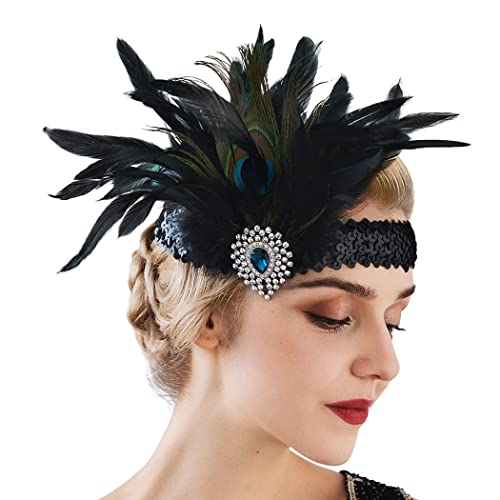IYOU Feather Gatsby Kopfschmuck, schwarzer Strass, 1920er-Jahre, Flapper-Stirnband, Abschlussball, Kostüm, Hochzeit, Haarschmuck für Damen von IYOU