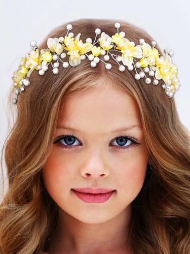 IYOU Blumenmädchen Stirnband Gelb Blumen Hochzeit Kopfschmuck Perle Braut Kommunion Haarschmuck für Mädchen von IYOU