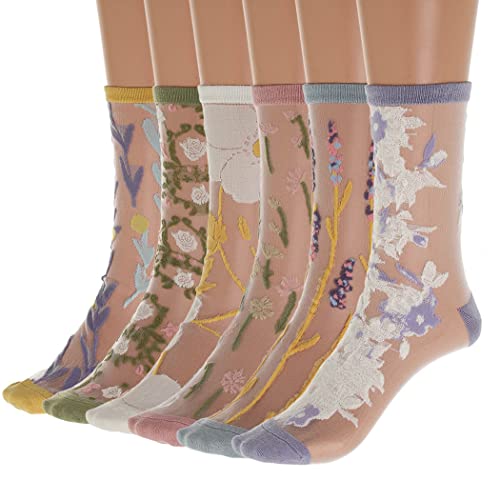 IYOU Frauen Durchsichtig Socken Rosa Blume Durchsichtige Socke Dünn Elastisch Spitze Maschenware Knöchel Socken(6 Paare) von IYOU