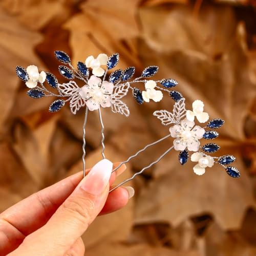 IYOU Damen Hochzeit Haarnadeln Marineblau Blume Haarteile Kristalle Abschlussball Geburtstag Haarschmuck für Bräute Brautjungfern Gäste (2 Stück) von IYOU